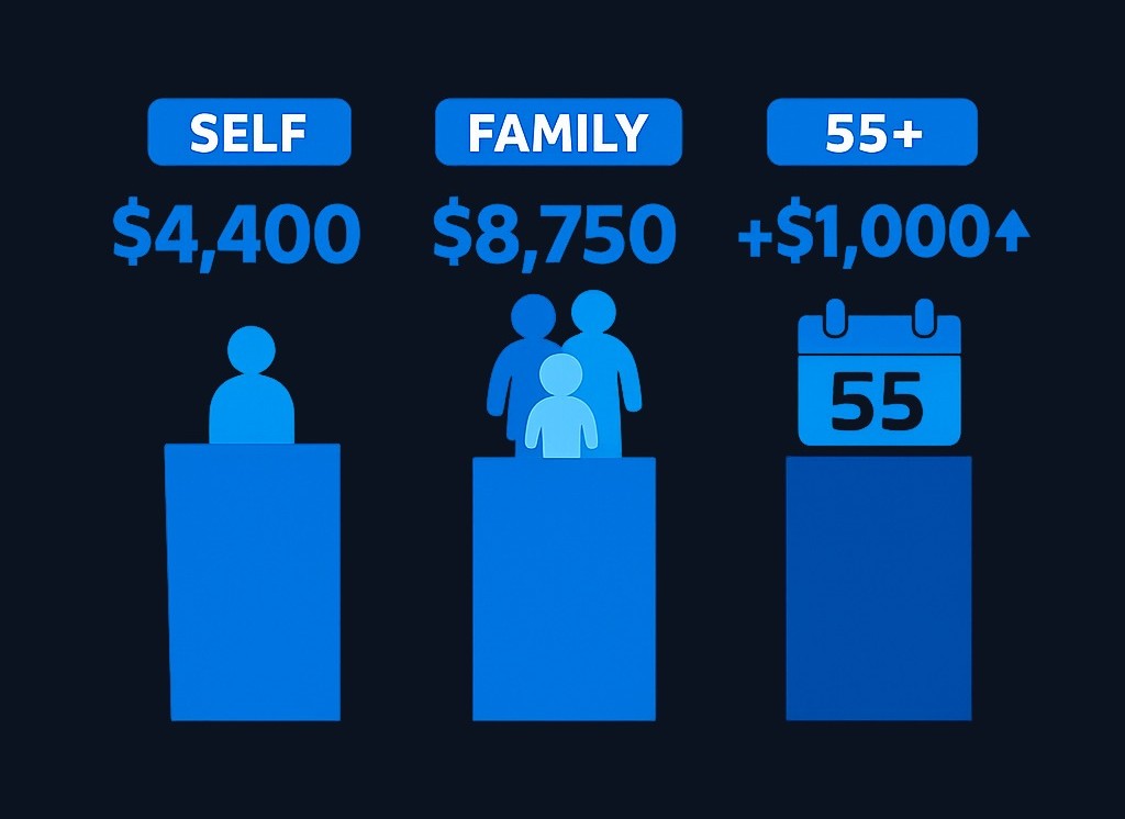2026 HSA contribution limits: $4,400 for self-only coverage, $8,750 for family coverage, plus $1,000 catch-up contribution for those 55 and older. These limits include both your contributions and any employer contributions.