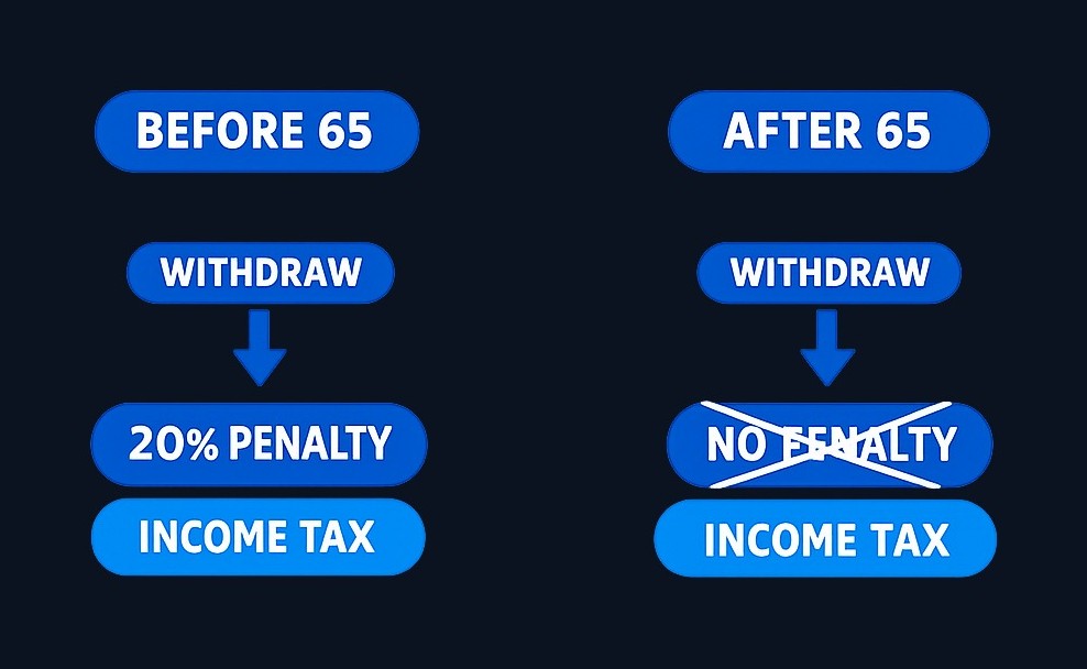 Non-medical withdrawals before age 65 incur a 20% penalty plus income taxes. After age 65, the penalty disappears and only ordinary