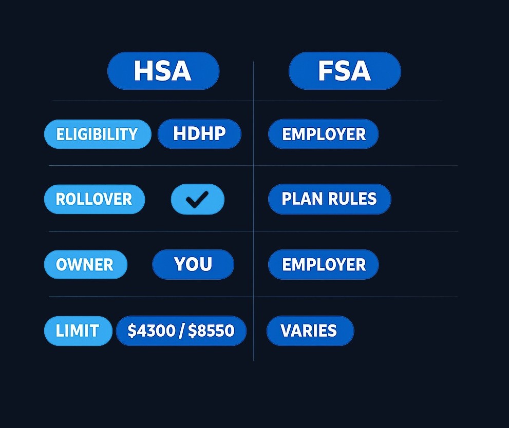 HSA and FSA differ in eligibility rules, contribution limits, rollover treatment, and ownership. Verify current limits and plan terms before