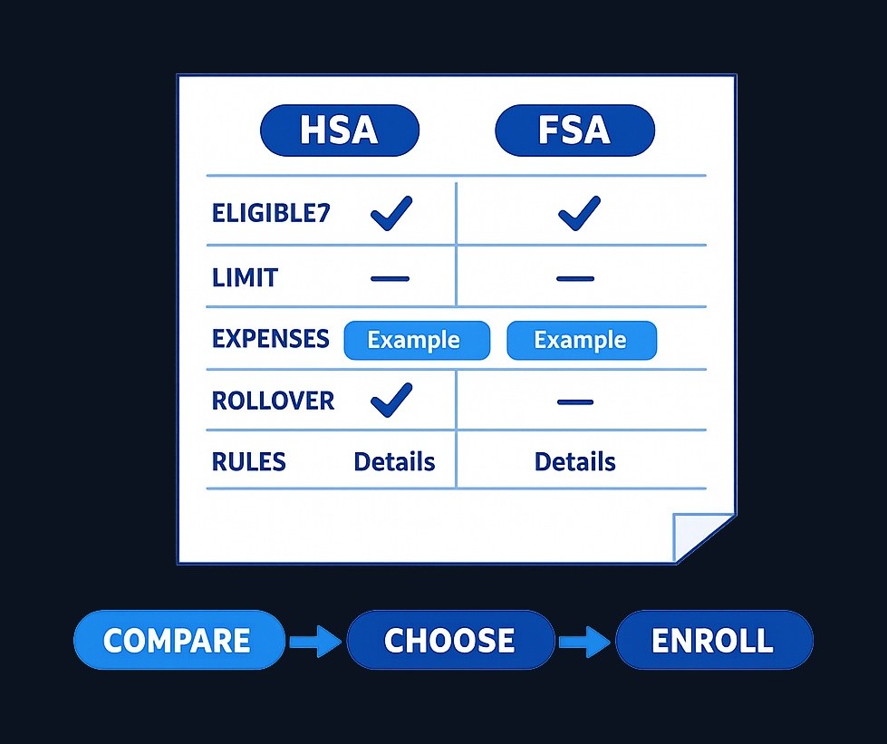 When both HSA and FSA are available, create a simple side-by-side worksheet listing your expected eligible expenses, contribution limits, and key plan rules for each account.