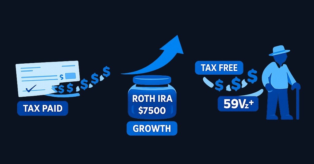 Roth IRA contributions are made with after-tax dollars (no deduction now), but qualified withdrawals — both contributions and earnings — are completely tax-free in retirement. 2026 limits: $7,500 under age 50, $8,600 age 50+. Income limits phase out contributions for higher