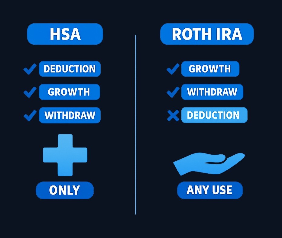 HSA offers the only triple tax break but restricts tax-free withdrawals to qualified medical expenses. Roth IRA gives up the upfront