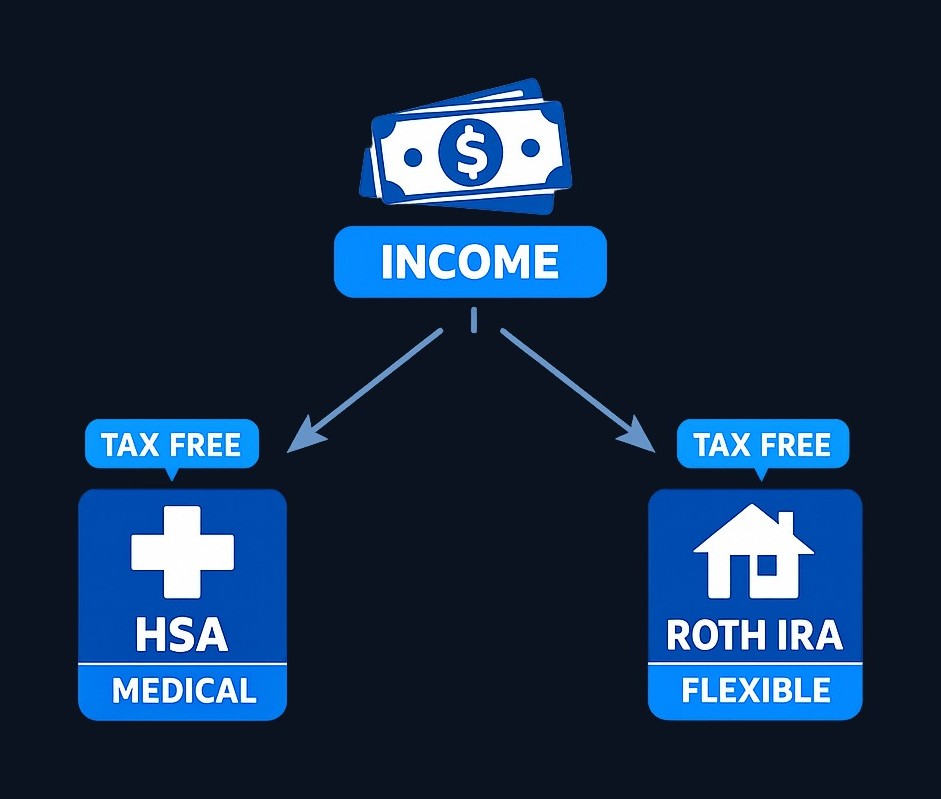 Example strategy: Contribute to HSA first to cover expected near-term medical expenses and capture the upfront tax deduction. Then