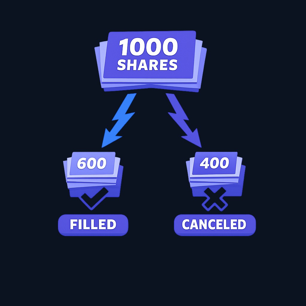 An IOC order accepts partial fills and never stays open on the order book. Whatever doesn't execute immediately is canceled automatically.