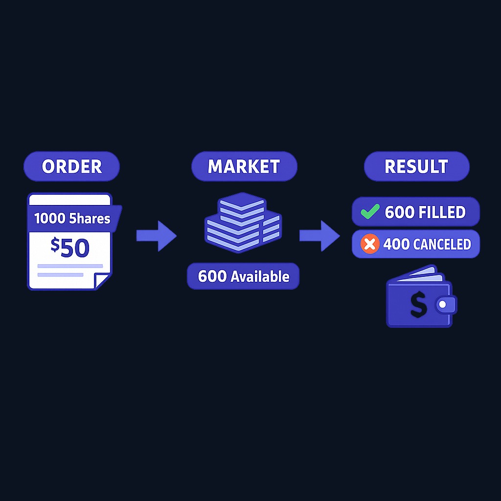 When you place an IOC limit order for 1,000 shares at $50.00 and only 600 are available, you receive those 600 immediately and the remaining 400 are canceled. No open order remains.