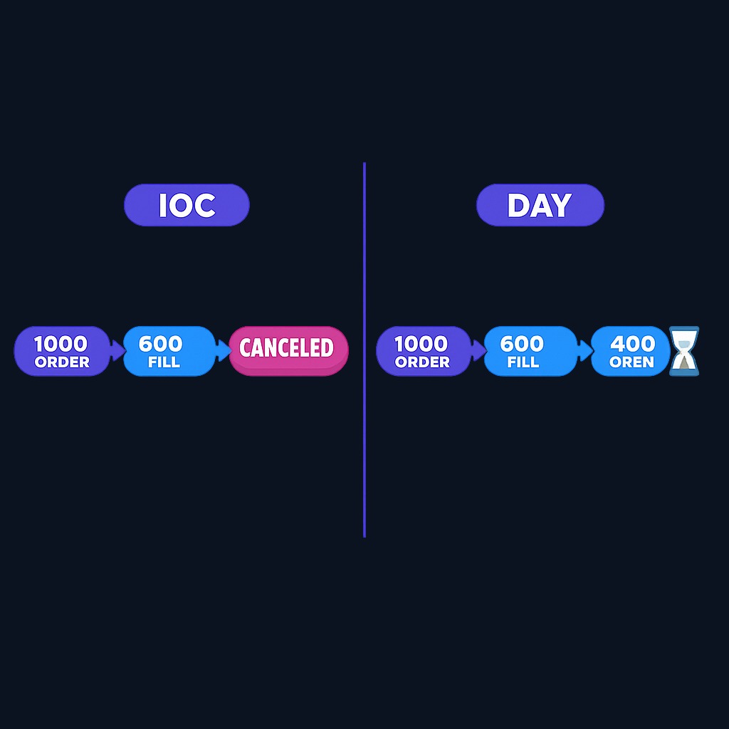 Unlike a day limit order, which leaves unfilled shares working on the order book for hours, an IOC order cancels the remainder instantly. This