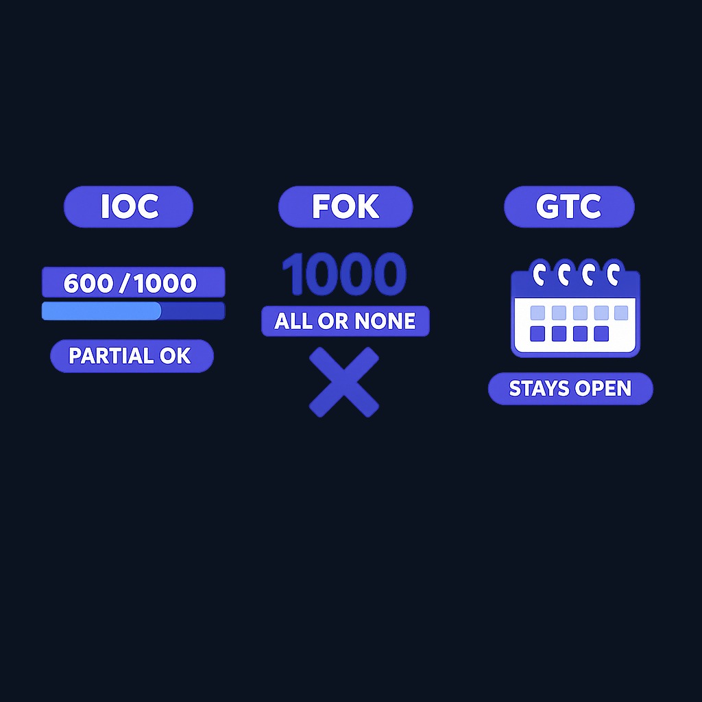 IOC and FOK both demand immediate execution, but IOC accepts whatever fills right now while FOK requires complete execution or cancels everything. GTC stays open until filled or manually canceled.