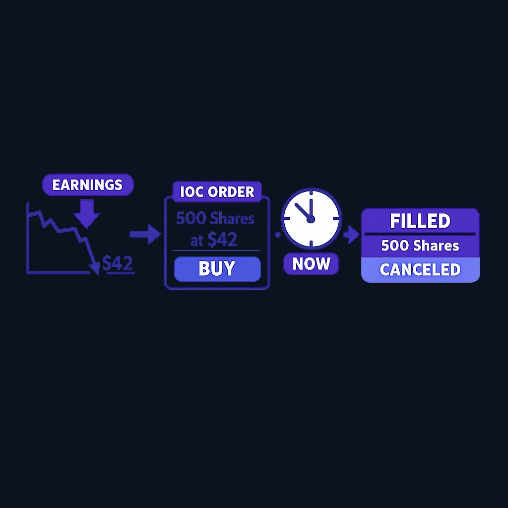 In a fast-moving market event, an IOC limit order at $42.00 captures available shares at that price instantly while avoiding the risk of a stale fill after the opportunity passes.