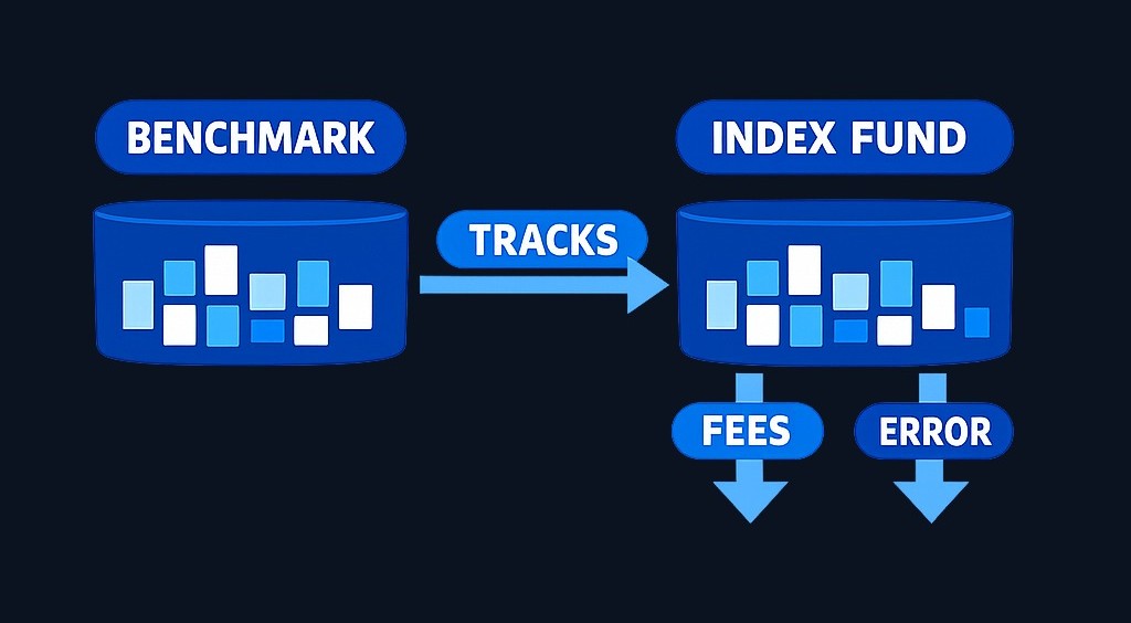 An index fund holds a portfolio that mirrors a market benchmark using preset rules, rather than active manager selection. It tracks the