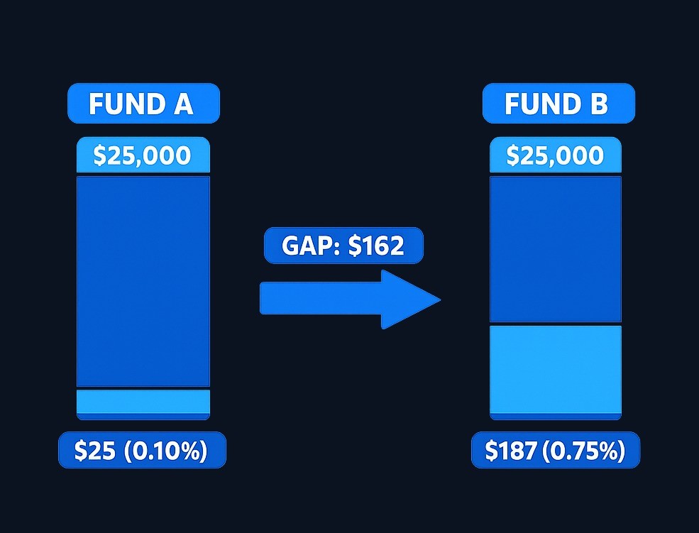 This simplified example shows annual costs on a $25,000 balance: Fund A at 0.10% costs $25 per year, Fund B at 0.75% costs $187.50, a $162.50 difference. Real comparisons must include transaction costs, compounding, tax impact, and market changes. Always check the