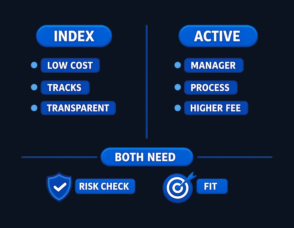 For broad stock exposure over a long term, compare index and active options on distinct criteria: the index fund offers low cost and transparency; the active fund must justify higher fees with a repeatable process, clear role, and acceptable risk. Recent performance