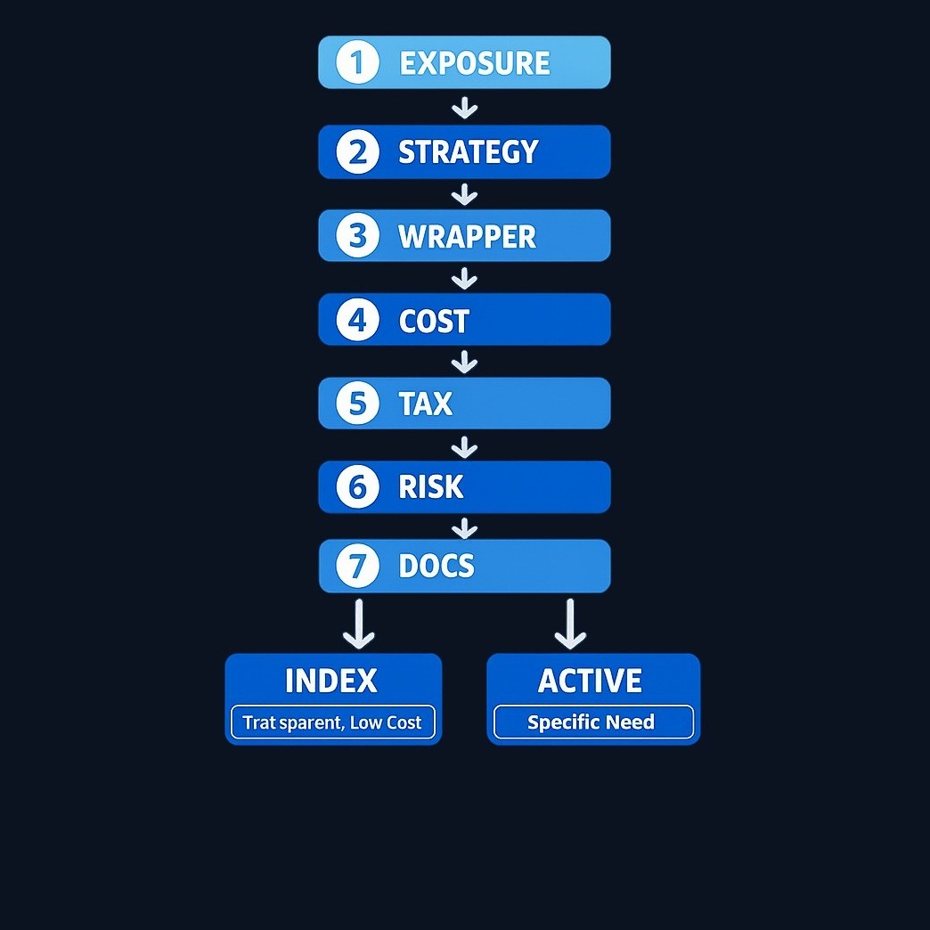 Follow this sequence when choosing a fund: 1) define the exposure you need, 2) identify whether the strategy is index-based or manager- driven, 3) check the fund structure (mutual fund or ETF), 4) compare all costs across share classes, 5) consider tax placement, 6) inspect holdings for risk and overlap, and 7) read the documents. Favor an index approach for transparency and low cost; consider active