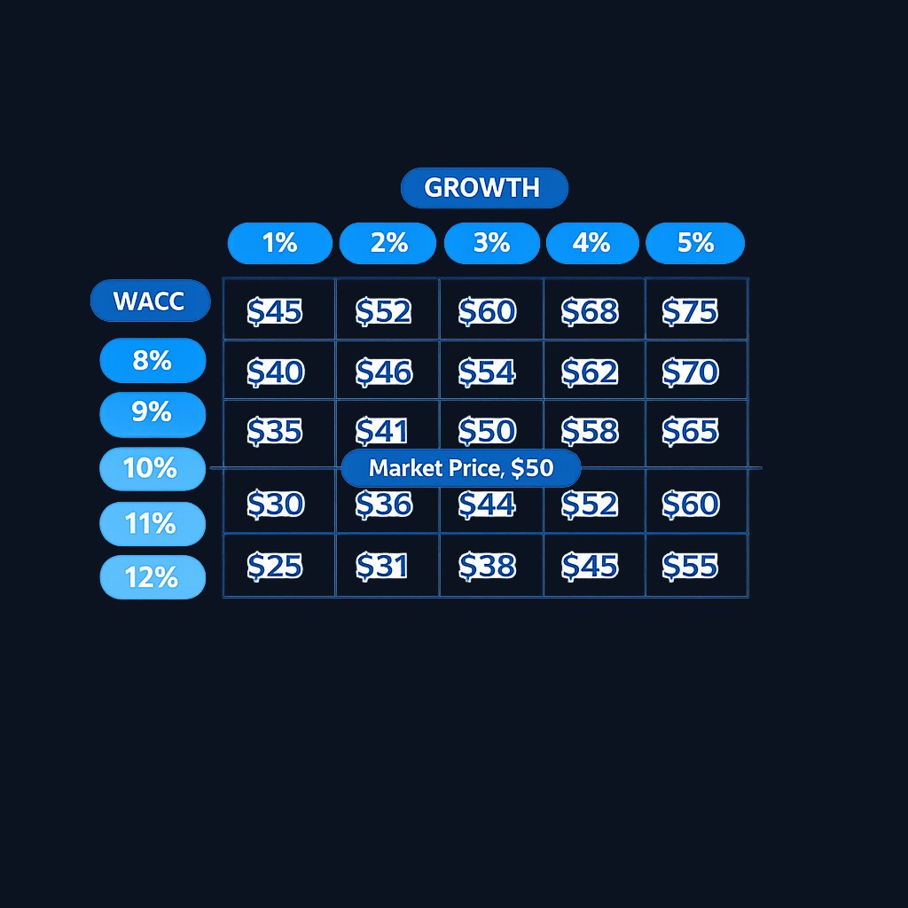 A typical two-way sensitivity table for DCF valuation. Each cell shows the resulting enterprise value (or value per share) when you combine one WACC assumption with one terminal growth rate. The range across cells reveals how much your conclusion depends on those two inputs.