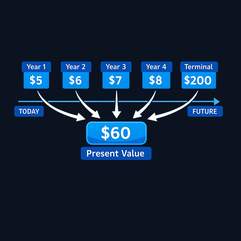 Intrinsic value sums all future cash flows a business will generate, each discounted back to what it's worth today. The further out the cash flow, the less it counts in present terms.