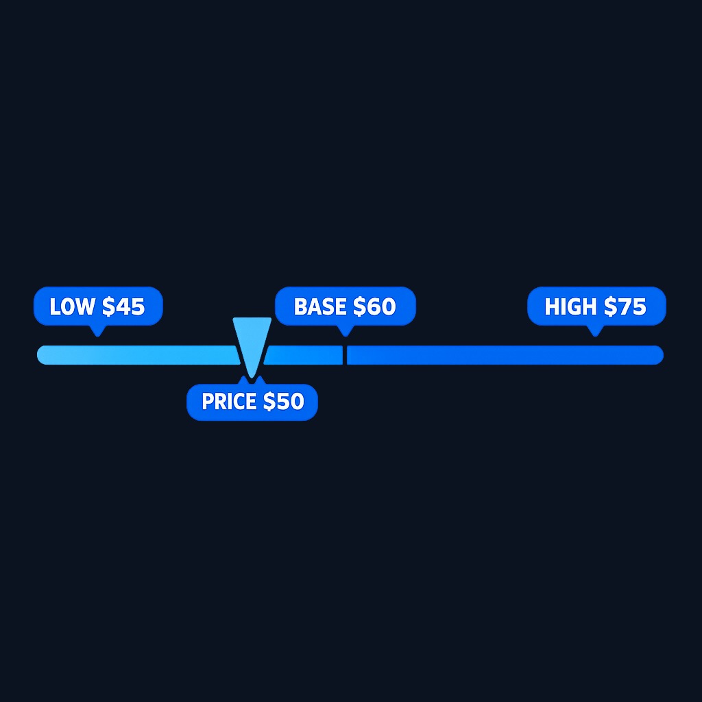 Because cash flows, growth, and discount rates are all assumptions, your intrinsic value estimate should be expressed as a range. A narrow range signals higher confidence; a wide range reflects greater uncertainty in your inputs.