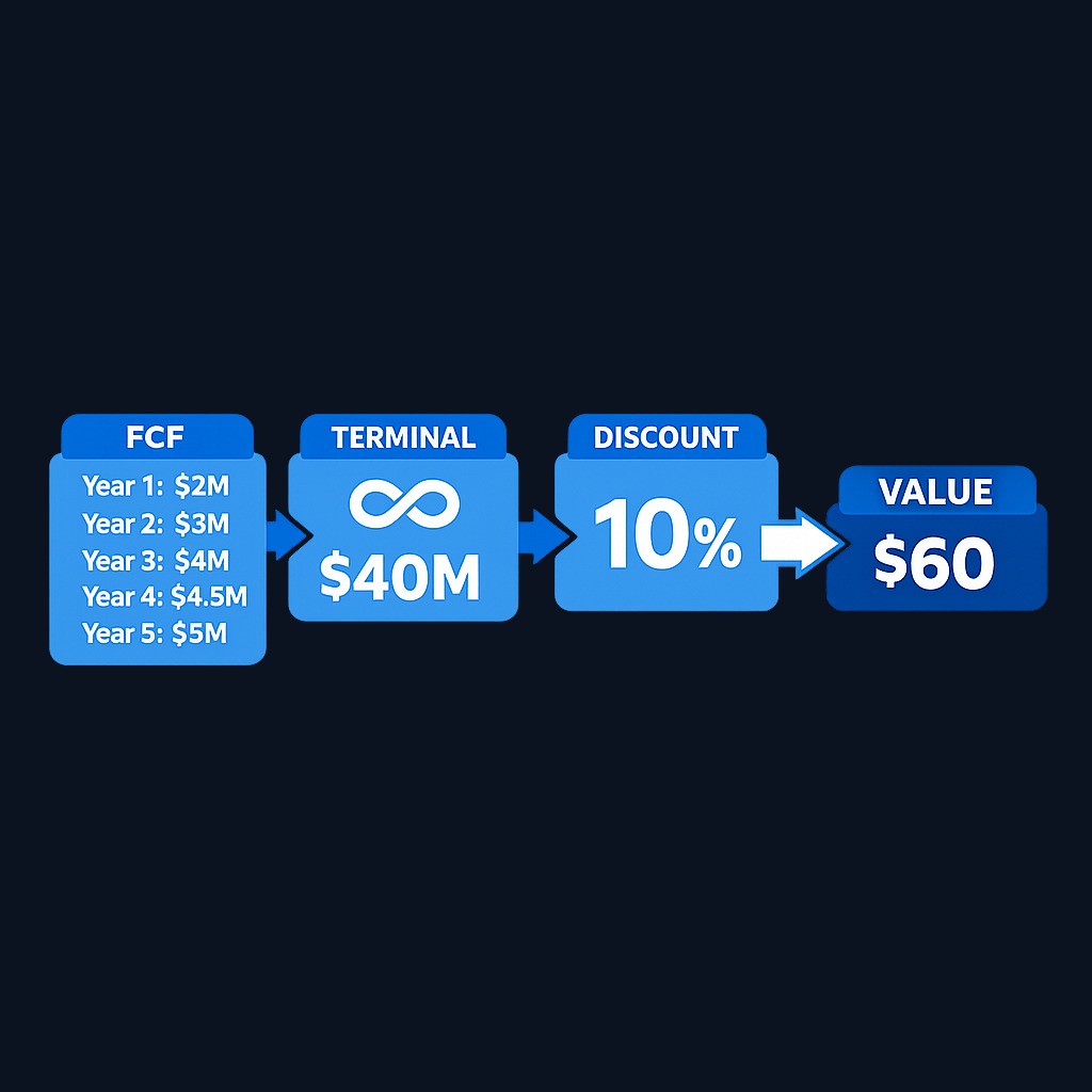 The discounted cash flow model builds intrinsic value in three stages: project free cash flows for a forecast period, estimate a terminal value for all years beyond, then discount both pieces back to today using your required return rate. The sum divided by shares outstanding gives value per share.