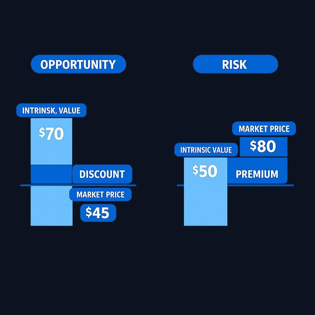 When your intrinsic value estimate sits well above the market price, the stock may be undervalued (opportunity). When the market price sits well above your estimate, the stock may be overvalued (risk). The gap, not the price movement, drives value-investing decisions.