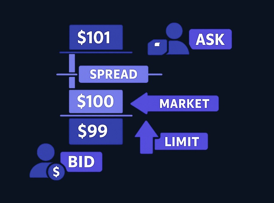The bid-ask spread is the gap between what buyers will pay and what sellers will accept. A market order executes immediately at the