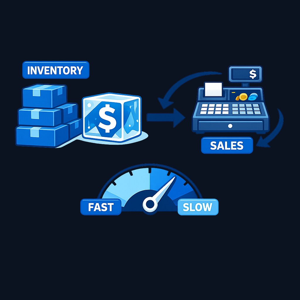 Inventory turnover measures how quickly inventory sitting on shelves converts back into revenue. High turnover means faster cash cycles; low turnover means capital is tied up longer.