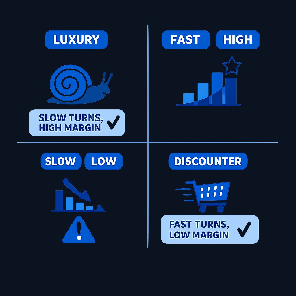 Different business models operate at different points on the margin-turnover spectrum. Luxury retailers run slow turnover with high margins; discounters run fast turnover with thin margins. Both can succeed, but slow turns plus thin margins signals trouble.
