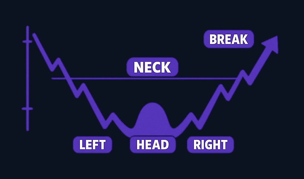 The inverse head and shoulders pattern consists of three lows after a downtrend: a left shoulder, a deeper head, and a right shoulder.