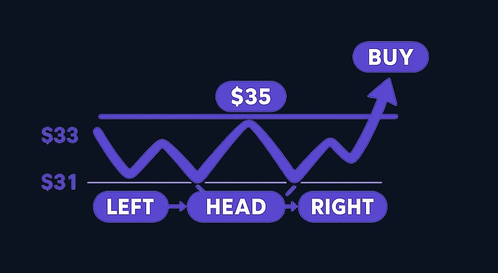 In this example, the stock forms shoulders near $33 and a head at $31, with the neckline at $35. A breakout entry strategy would trigger when price moves above $35, confirming the pattern.