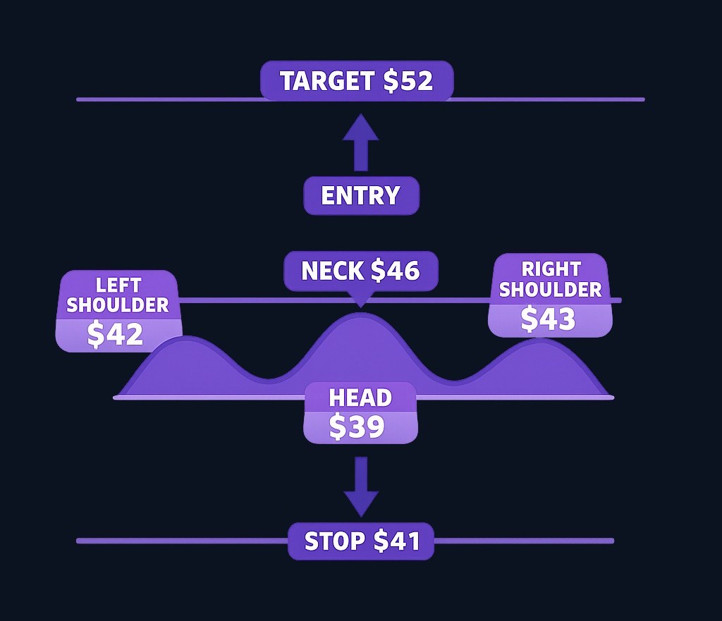 In this scenario, a trader identifies the pattern with a neckline at $46. The key question is not just whether the pattern exists, but where the trade would be invalidated and whether the risk-reward makes sense.