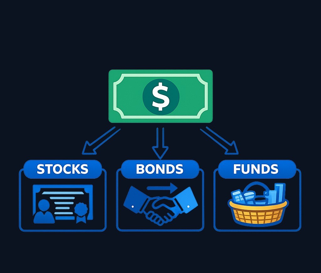 When you invest, your money goes into assets like stocks (company ownership), bonds (loans to entities), or funds (pooled investments).