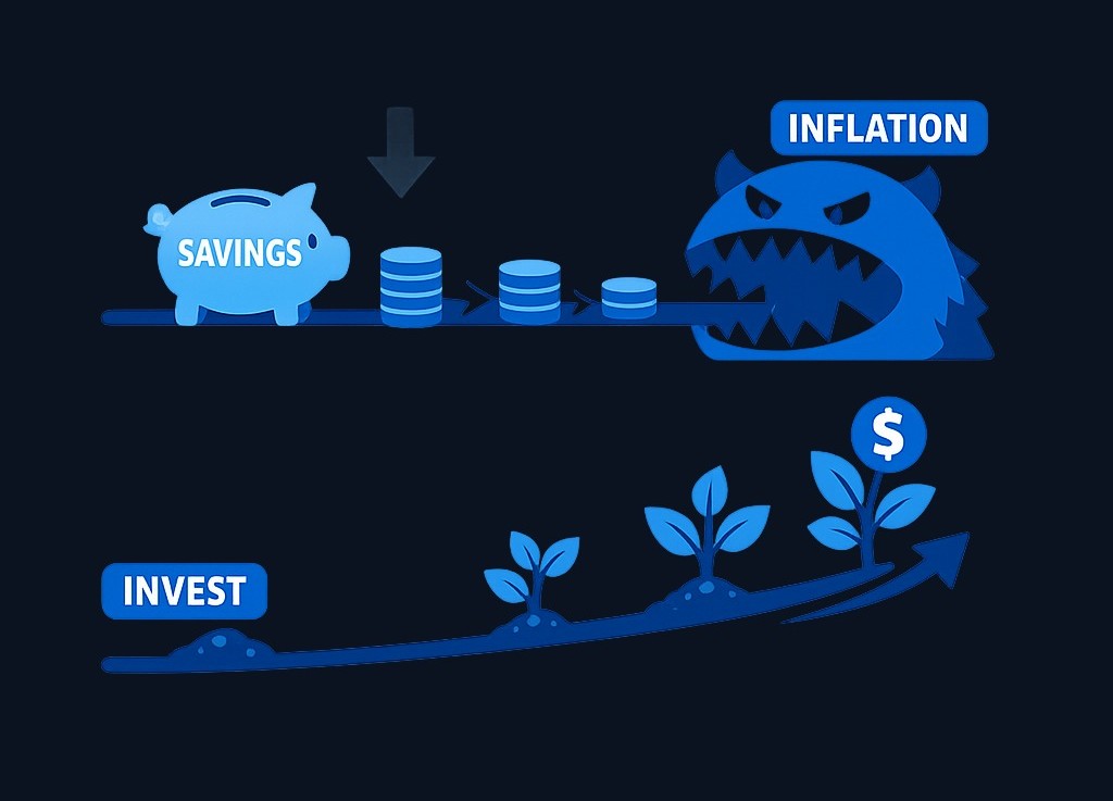 Inflation erodes the purchasing power of cash in a savings account. Investing allows your money to grow faster than inflation, preserving