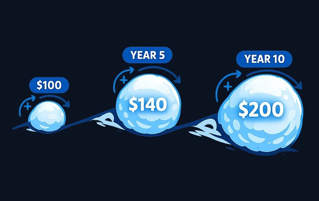 Compounding means you earn returns not just on your original investment, but also on all the returns you've accumulated. Year after