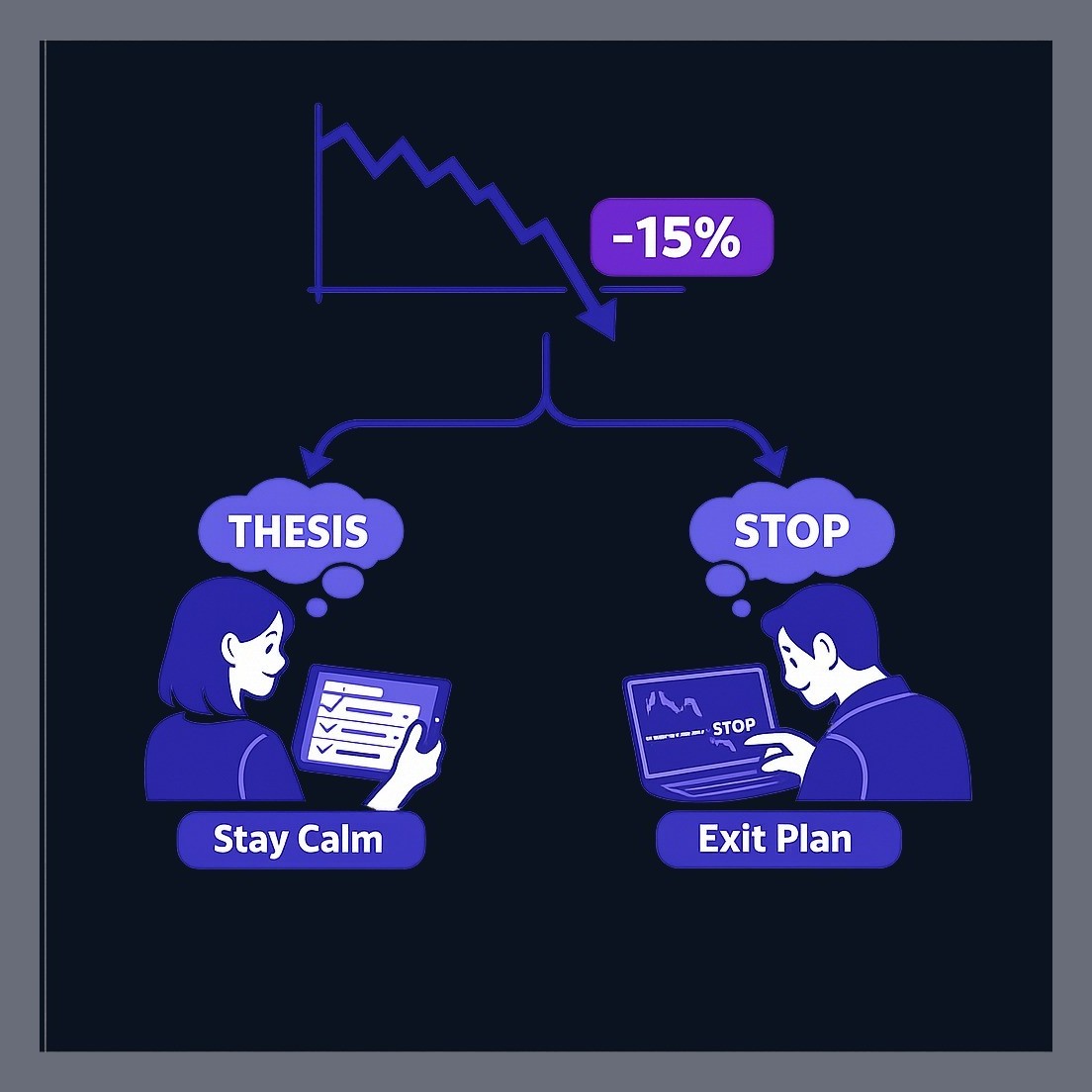 The same 15% market decline creates different decisions for different strategies. Maya the investor reviews her long-term thesis and