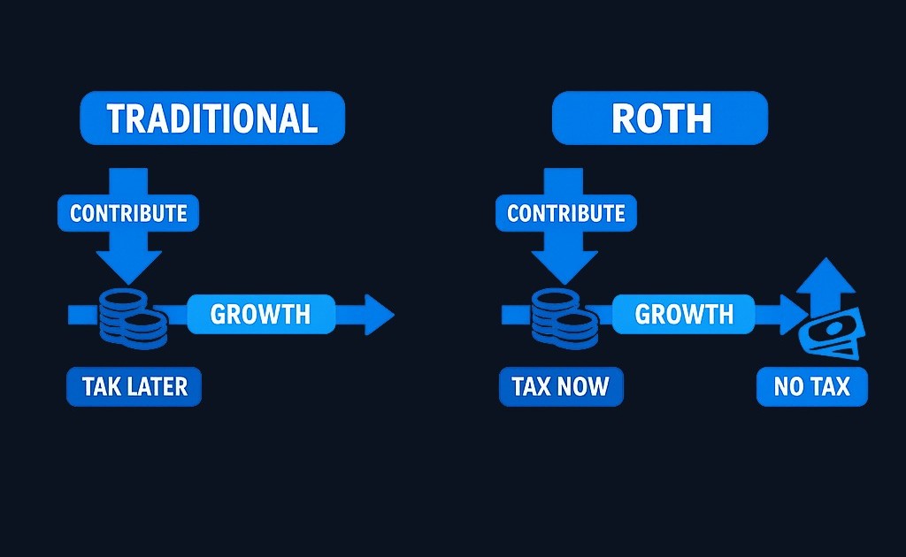 Traditional IRA: contribute pre-tax dollars now, pay tax on withdrawals later. Roth IRA: contribute after-tax dollars now, withdraw tax-free