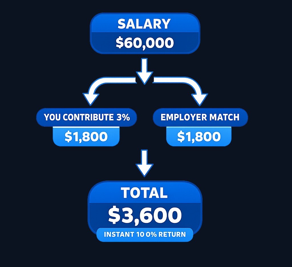 Example: On a $60,000 salary with a 3% match, you contribute $1,800 (3% of salary) and your employer adds another $1,800. That's an instant 100% return before any market gains.
