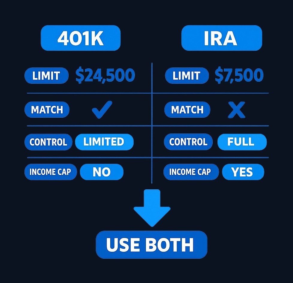 Quick comparison: 401(k) excels at contribution limits ($24,500 vs $7,500) and employer match, while IRA offers full investment control and no income restrictions on contributions. Most investors use both strategically.