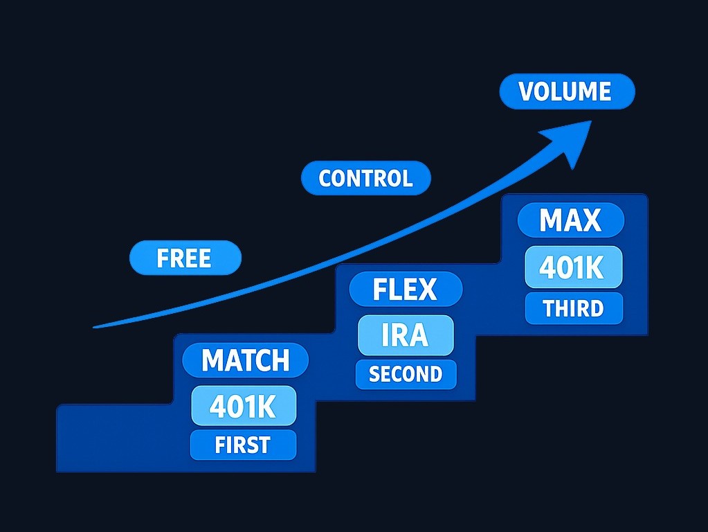 The three-step funding priority: (1) Contribute to 401(k) up to the full employer match—that's free money. (2) Max out an IRA for