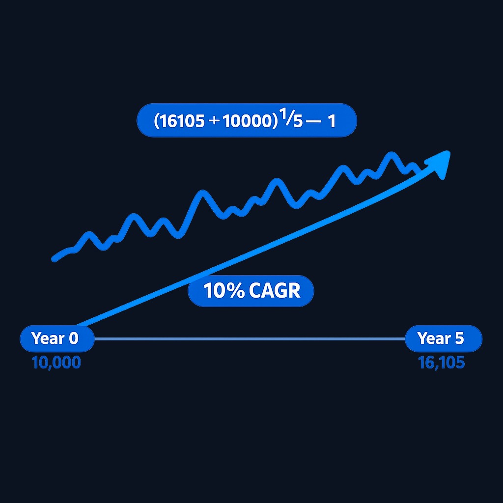 CAGR smooths the actual bumpy path into a single constant growth rate. The formula treats only the start and end points, ignoring everything in between.