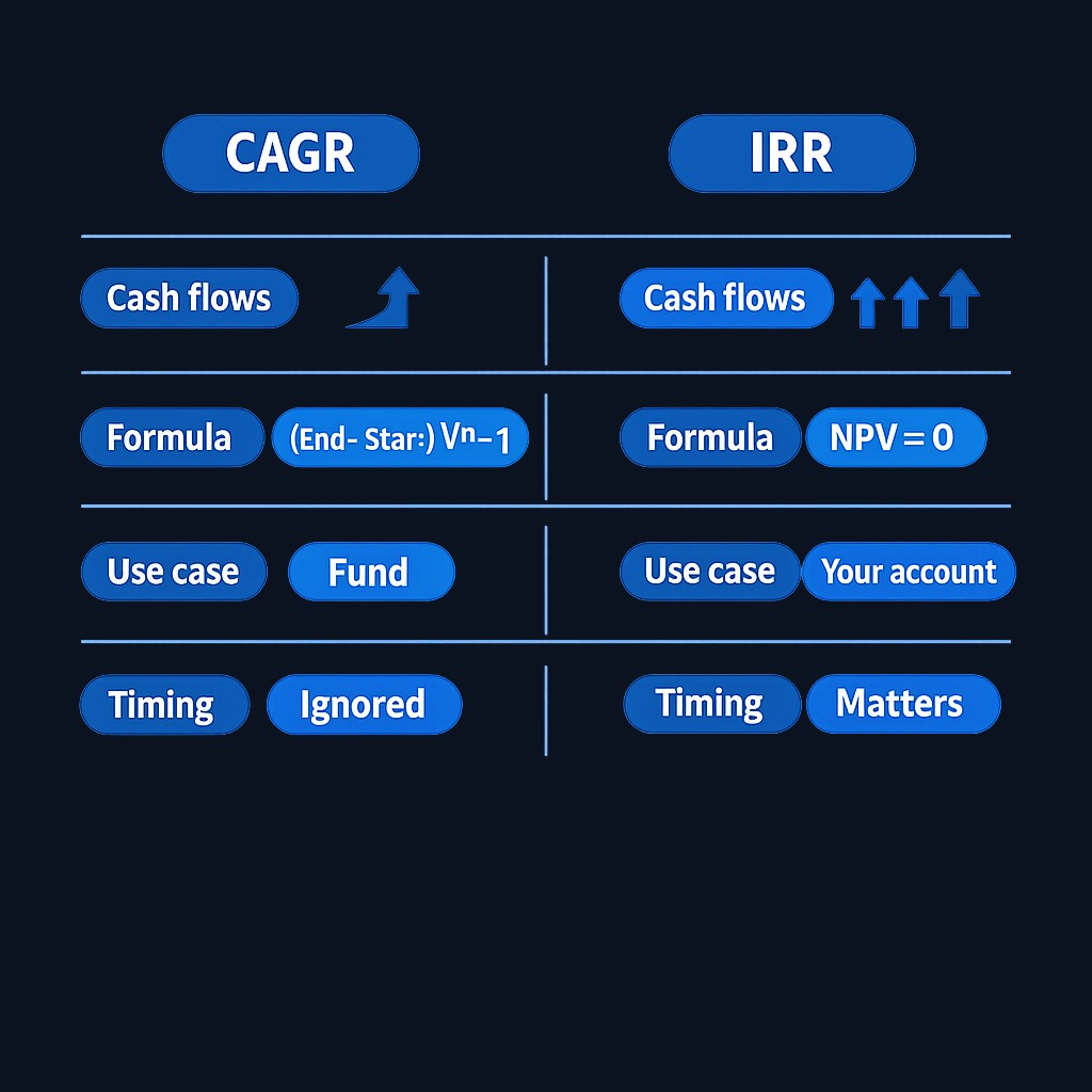 The choice between CAGR and IRR hinges on whether your investment had interim cash flows. CAGR assumes a single lump sum; IRR tracks every deposit and withdrawal.