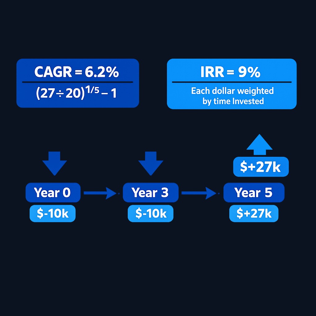 The same account yields 6.2% with naive CAGR (treating $20k as one lump sum) but 9% with IRR (crediting the second $10k only for two years). Timing makes a three-point difference.