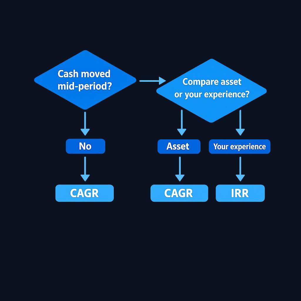 Follow this decision tree to pick the right metric. The first question is always: did cash move in or out after the initial investment?