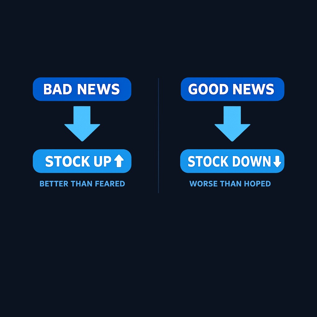 Markets don't react to news literally — they react to news versus expectations. A negative event can lift a stock if it resolves uncertainty or