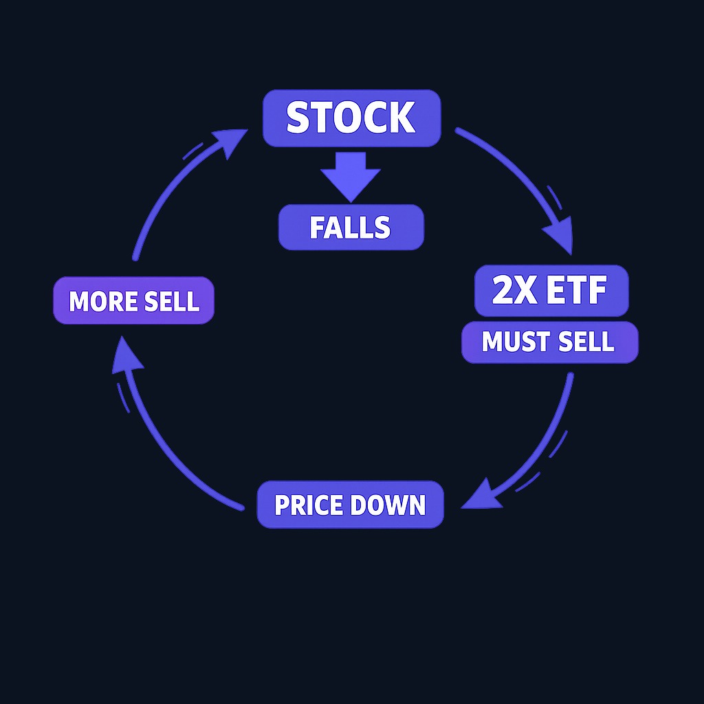 The leverage spiral: when a 2x leveraged ETF's underlying stock drops, the fund must sell more shares to maintain its 2:1 ratio. That selling