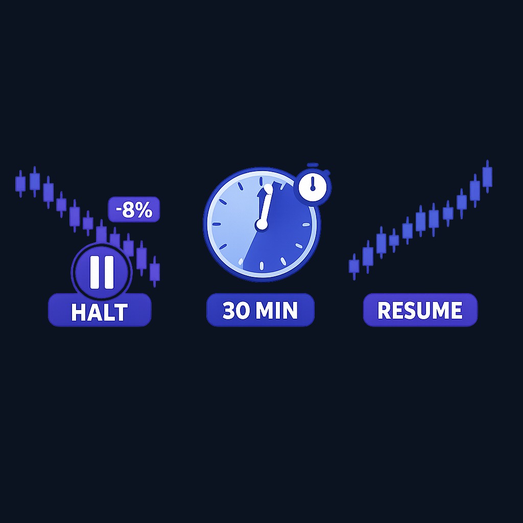 A circuit breaker is an automatic trading halt triggered when an index falls by a predetermined percentage (typically 8%, 15%, or 20% depending on the market). Trading pauses for a set period — usually 15 to 60 minutes — giving investors time to assess information and