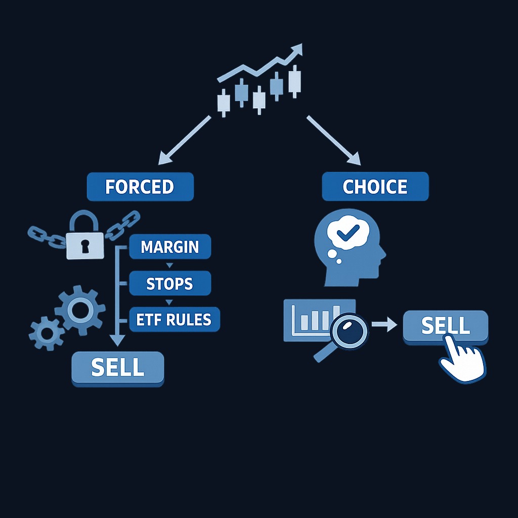 Forced selling happens when investors must sell due to margin calls, automatic stop-losses, or fund redemptions — regardless of fundamentals. Price-driven selling happens when investors choose to sell because they believe the asset is overvalued. In Korea's case, forced selling from leveraged products overwhelmed any rational price discovery.