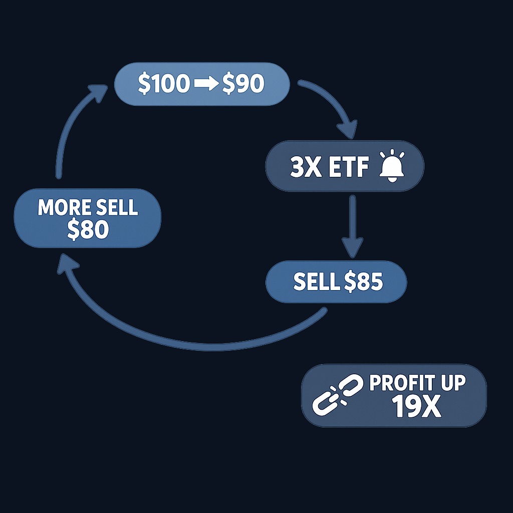 When prices fall, leveraged ETFs must sell to maintain their target ratio, pushing prices lower and triggering more forced sales.