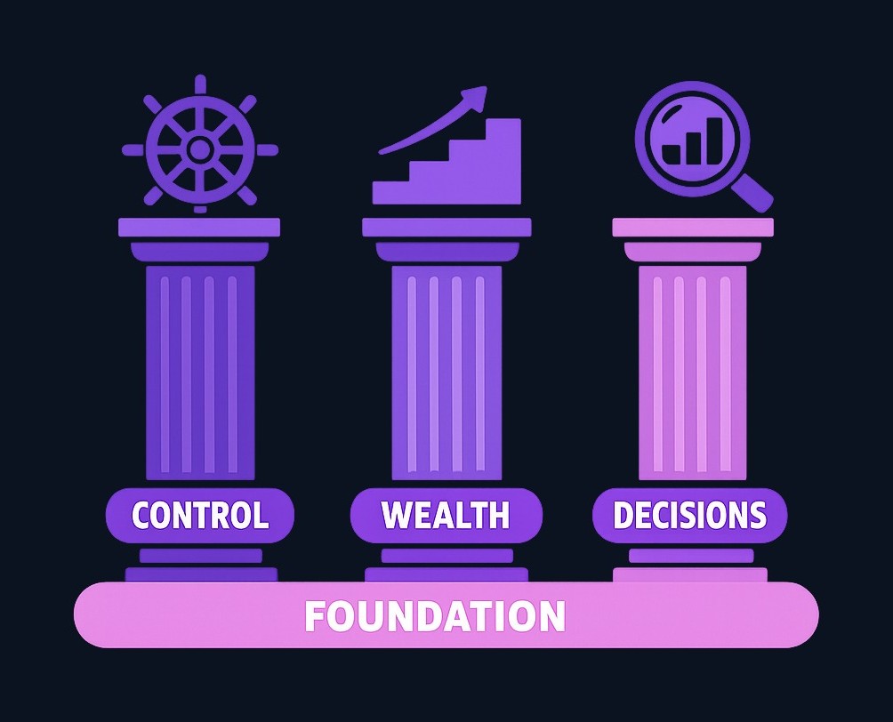 The three pillars of financial empowerment through online learning: taking control means making your own decisions, building wealth requires consistent knowledge application, and smart investing comes from understanding data and trends.
