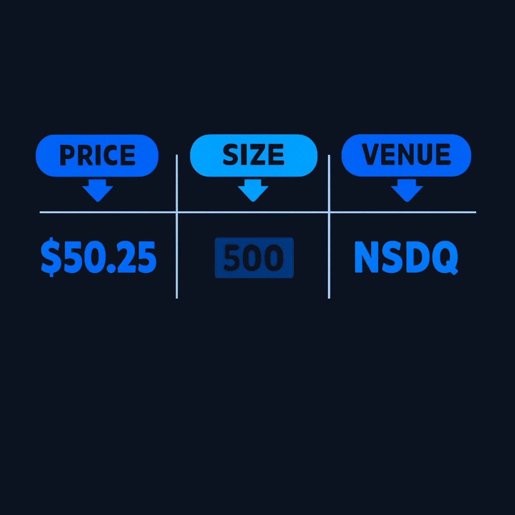 Each row in a Level 2 window displays three pieces of information: the limit price where orders rest, the total size (shares or contracts) posted at that level, and the market participant or venue displaying the order. This structure repeats down the bid ladder and up the ask ladder.