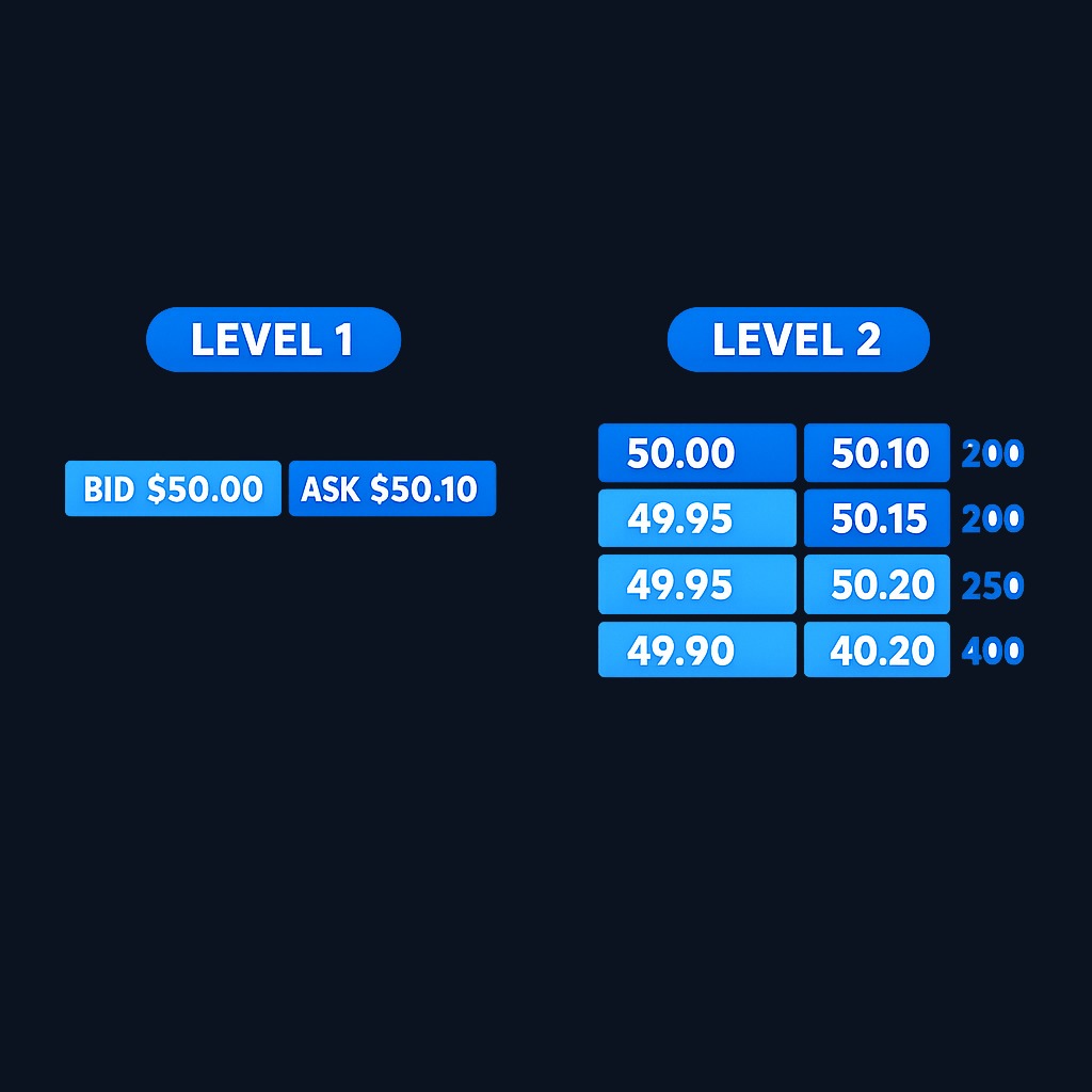Level 1 data shows only the top of the market: best bid, best ask, and last sale. Level 2 adds the visible depth behind those top quotes—multiple price levels, their posted sizes, and the venues displaying them. The additional rows give traders context about nearby liquidity within that feed's scope.