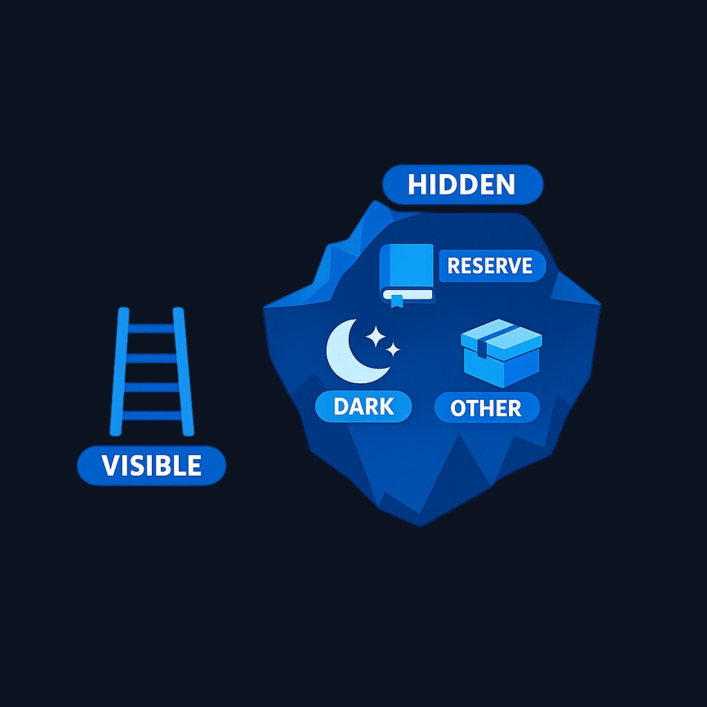 The displayed order book is only part of the picture. Hidden orders, reserve size, dark pools, and orders on other exchanges do not appear in a single Level 2 feed. What you see is evidence of some liquidity at one moment, not a complete map of all available buyers and sellers.