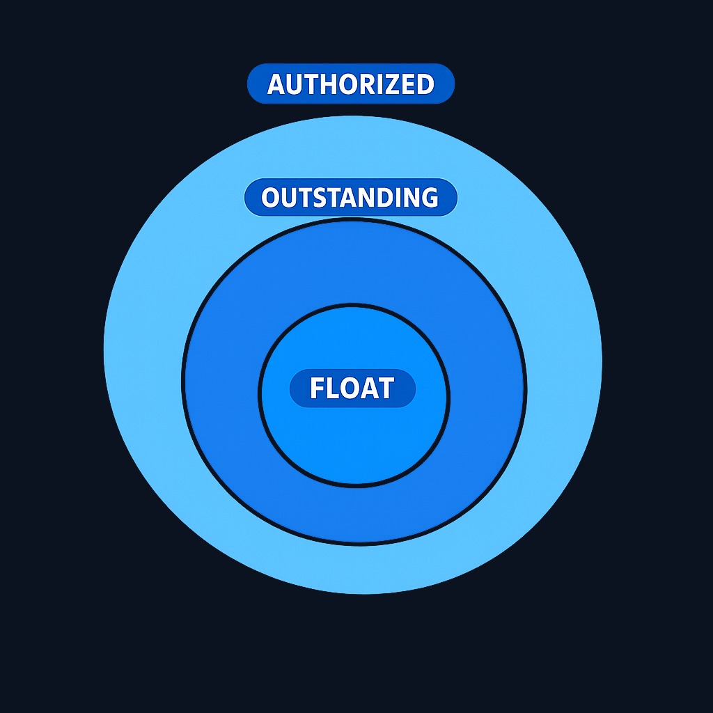 The three layers of a company's equity structure. The float—the innermost circle—represents shares actually available for public trading today.