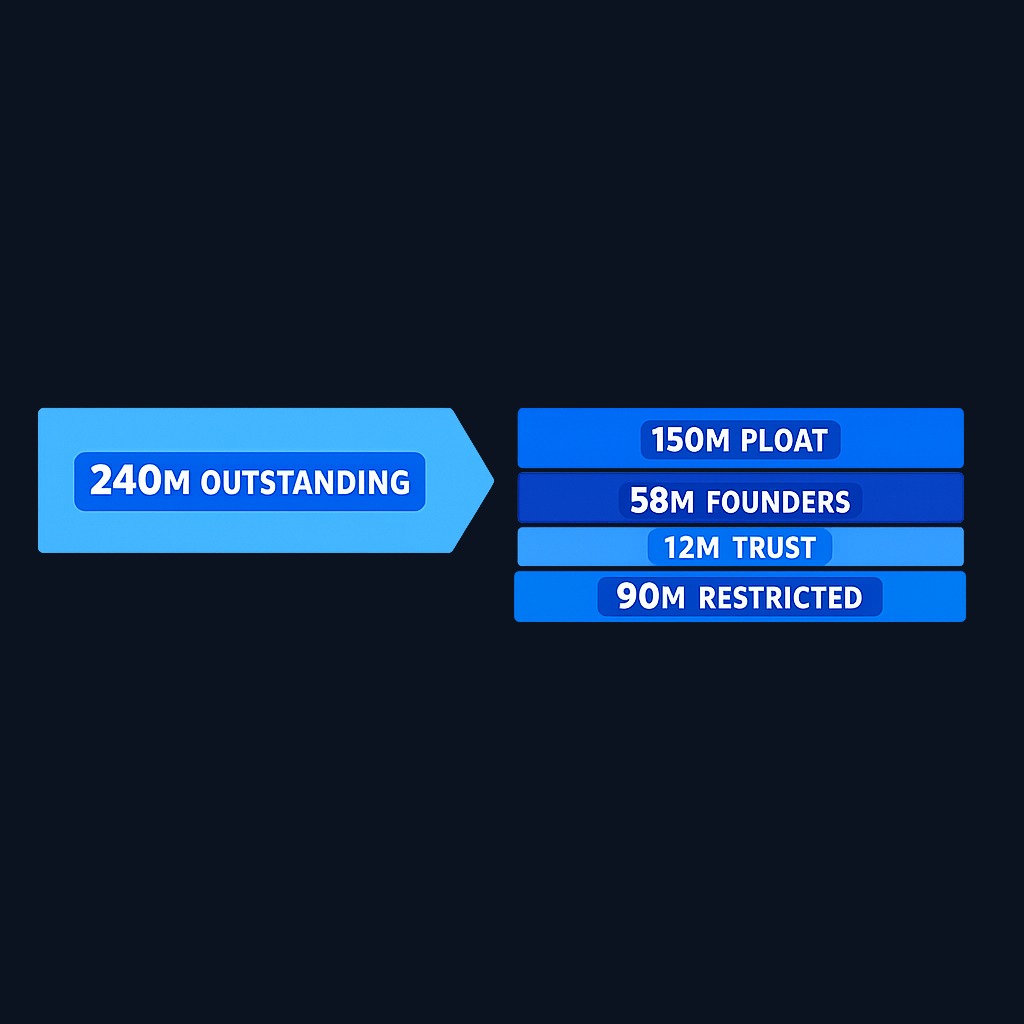 Meridian Semiconductors example: 240 million shares outstanding minus 90 million restricted equals 150 million float (62.5% of total).